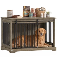 PawHut Cage pour Chien en Bois et Acier avec Porte Coulissante, Table d'Appoint, Niche Moderne, 100x60x68cm, Gris-Marron Clair(m-18)