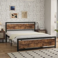 HOMCOM Cadru Pat Matrimonial din Lemn si Otel cu Sipci in Stil Industrial 160x200cm(m-7)