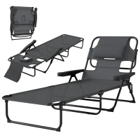 Outsunny Espreguiçadeira Dobrável Encosto Ajustável Orifício de Leitura Almofada de Apoio e Braços Carga 120 kg 145x72x89 cm Cinzento Escuro(m-11)