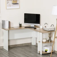 HOMCOM Bureau informatique bureau d'angle contemporain avec étagères en panneaux de particules idéal pour maison dortoir 136 x 130 x 72 cm bicolore imitation noyer clair blanc(m-10)