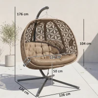 Outsunny Outdoor Double Hanging Chair, Swing Chair with Metal Stand, Thick Padded Cushion, Foldable Basket and Cup Holders, for Indoor and Outdoor, Sand Brown(m-14)