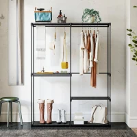 HOMCOM Dulap garderobă cu 2 bare și 4 rafturi, din material textil netesut, plastic și oțel, 142x43x185 cm, negru(m-8)