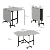 HOMCOM Masă Pliabilă Rabatabilă pentru 4-6 Persoane cu 6 Roți, din Lemn și Oțel, 120x80x73 cm, Gri(m-3)