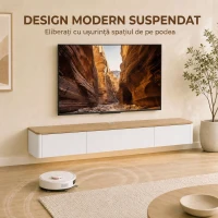 HOMCOM Comodă Tv Suspendată Până la 65", cu 2 Sertare, Dulap, Iluminare Led Rgb și Priză Integrată, Alb și Aspect Lemn(m-4)