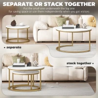 HOMCOM 2 Pcs Stacking Coffee Table Set Nesting Tables with Steel Frame for Living Room Marble White/Gold(m-5)