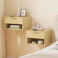 HOMCOM Floating Nightstands Set of 2, Modern Wall-Mounted Bedside Tables with Fluted Drawer and Open Shelf for Bedroom, Oak(m-2)