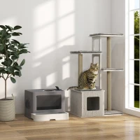 PawHut Conjunto para Gatos com Arranhador para Gatos 114 cm com Múltiplas Plataformas e Caixa de Areia Coberta Cinza(m-6)