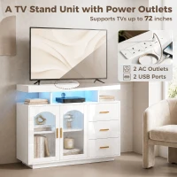 HOMCOM High Gloss Sideboard with LED Lights, Built-in Power Outlets, 3 Drawers, Shelves and 2 Acrylic Doors, White(m-7)