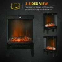 HOMCOM 180° Charming Electric Fireplace Heater, Quiet Freestanding Stove with LED Flame Effect, 3-Sided Tempered Glass Panels, Level-less Temperature Control, Overheat Protection, 1000W/2000W, Black(m-5)