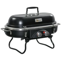 Outsunny Foldable Gas BBQ Grill, 2-Burner Table Top Barbecue with Lid, Piezo Ignition, Thermometer for Camping, Picnic Cooking - Aluminium Alloy(m-1)
