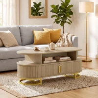 HOMCOM Mesa de Centro Oval, Mesa de Sala Moderna com Portas Tambor Deslizantes, Armazenamento Fechado, Prateleiras Abertas, Carvalho(m-4)
