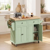 HOMCOM Rolling Kitchen Island Storage Trolley with Rubber Wood Top & Drawers for Dining Room, Light Green(m-2)