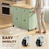 HOMCOM Rolling Kitchen Island Storage Trolley with Rubber Wood Top & Drawers for Dining Room, Light Green(m-7)