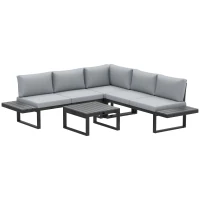 Outsunny 4 Pieces Garden Furniture Set, 5-Level Reclining Garden Corner Sofa Set, Outdoor Lounge Conversation Sectional with Cushions, Wood Effect Plastic Table, Black Frame & Light Grey Cushion(m-1)