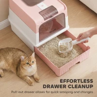 PawHut Enclosed Cat Litter Box with Lid, Pull-Out Drawer Tray, Scoop, 2 Deodorisation Bags, Front Entry & Top Exit, Pink(m-5)