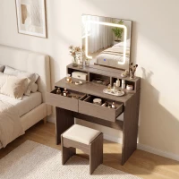 HOMCOM Vanity Table, Dressing Table with Mirror, LED Lights, 2 Drawers, 3 Compartments, 3 Colour Lighting, Walnut(m-8)