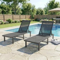 Outsunny Conjunto de 2 Tumbonas Reclinables con Ruedas Respaldo Ajustable 4 Niveles Estructura de Aluminio Tela Textilene Gris(m-4)