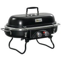 Outsunny Foldable Gas BBQ Grill, 2-Burner Table Top Barbecue with Lid, Piezo Ignition, Thermometer for Camping, Picnic Cooking - Aluminium Alloy(m-11)