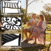 Outsunny Panchina da Giardino 2 Posti con Schienale Decorato in Ghisa e Metallo, 127x60x89cm, Nero(m-5)