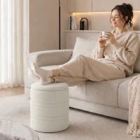 HOMCOM Pouf de Rangement en Chenille avec Couvercle, Tabouret Rond pour Salon et Chambre, Beige(m-13)
