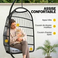 Outsunny Fauteuil Œuf Suspendu Pliable avec Support Coussin 15cm et Appui-tête Gain de Place Résine Tressée 101x105x196cm Gris(m-6)