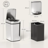 HOMCOM Poubelle de cuisine automatique 12 L en acier inoxydable, poubelle à capteur avec couvercle, 28 x 22 x 41 cm, argent(m-3)