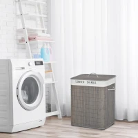 HOMCOM Cesto para Ropa Sucia de Bambú Capacidad de 100L con Tapa Extraíble Bolsa de 2 Compartimentos 52x32x63 cm Gris(m-10)
