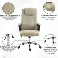 Vinsetto Scaun de Birou Ergonomic, Rotativ și Înclinabil, din Țesătură cu Aspect de In, cu Tetieră, Bej(m-7)