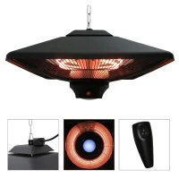 Outsunny Calefactor Exterior 1000/2000W Estufa Colgante de Techo Infrarrojos Halógeno con Control Remoto y Luz LED 43x43x25 cm Negro(m-9)