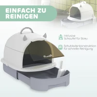 PawHut Kattenbak met deksel – Kattenbak met schep, ladebodem en anti-lekrooster voor katten tot 5 kg – 40,5 x 52 x 39 cm – Grijs(m-5)
