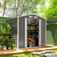 Outsunny 7 x 4ft Garden Shed, Easy to Assemble, Upgraded Galvanised Steel Frame with Foundation Kit, Double Doors with Lock, Outdoor Metal Shed with Vents and Gloves, Garden Storage Shed, Light Grey(m-10)