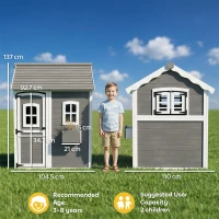 Outsunny Wooden Playhouse for Kids with Doors, Windows, Plant Box, Floors, for Ages 3-8 Years, for Gardens, Lawns, Patios - Grey(m-4)