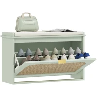 HOMCOM Banc à chaussures, banc de rangement, assise rembourrée, tiroir rabattable, porte en rotin, 80 x 26 x 47,5 cm, vert(m-12)