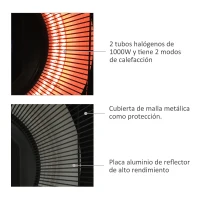 Outsunny Calefactor Exterior 1000/2000W Estufa Colgante de Techo Infrarrojos Halógeno con Control Remoto y Luz LED 43x43x25 cm Negro(m-5)
