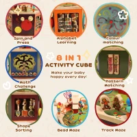 AIYAPLAY 8 in 1 Wooden Activity Cube with Bead Maze, Shape Sorter, for Kids Boys Girls 18+ Months(m-4)