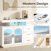 HOMCOM High Gloss Sideboard with LED Lights, Built-in Power Outlets, 3 Drawers, Shelves and 2 Acrylic Doors, White(m-5)