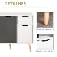 HOMCOM Aparador Móvel Auxiliar de Armazenamento com 2 Armários de Porta Gaveta Pés de Madeira 90x30x72 cm Cinza e Branco(m-7)