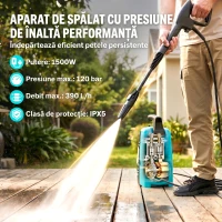 Outsunny Mașină de Spălat cu Presiune 1500 W, 120 Bari, Debit 390 L/h, Electrică cu Duza Reglabilă, Albastru(m-4)