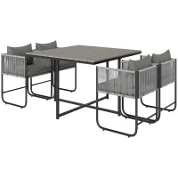 Outsunny 4 Seater Rattan Cube Garden Furniture Set, Rattan Dining Set with Cushions, Outdoor Dining Table and Chairs with Rectangular Wood Grain Plastic Top Table for Patio, Balcony, Grey(m-1)