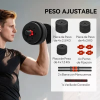 HOMCOM Juego de Mancuernas de 25 kg 4 en 1 de Dumbbell con Barras Conexión y Barra de Extensión Entrenamiento de Fuerza y Levantamiento de Pesas Negro(m-6)