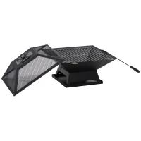 Outsunny Brasero Exterior de Acero Pozo de Fuego para Jardín Multifuncional con Protector de Chispas y Atizador 45x45x34cm Negro(m-1)