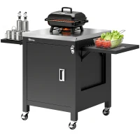 Outsunny Desserte jardin chariot de barbecue sur roulettes plateau en acier inoxydable Porte-Serviettes, 140,5 x 68 x 89 cm Noir(m-12)