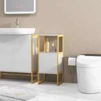 HOMCOM Meuble de rangement pour salle de bain avec cadre en bambou, étagère ouverte et porte à ouverture par pression, blanc(m-2)