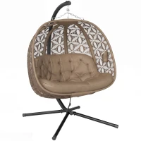 Outsunny Outdoor Double Hanging Chair, Swing Chair with Metal Stand, Thick Padded Cushion, Foldable Basket and Cup Holders, for Indoor and Outdoor, Sand Brown(m-12)