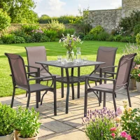 Outsunny 5 Pieces Outdoor Dining Set for 4, Garden Table and Stackable Chairs with Breathable Mesh Seat, Grey and Khaki(m-8)