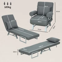HOMCOM Single Sofa Bed, 3-in-1 Convertible Folding Chair Bed with Adjustable Backrest, Removable Armrests, Dark Grey(m-3)