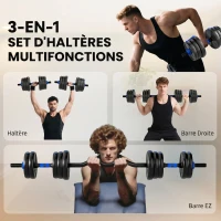 SPORTNOW Kit Haltères Musculation Haltères Réglables 25 kg 3 en 1, Ensemble de Poids Réglable avec Barre d'Extension Bleu(m-4)