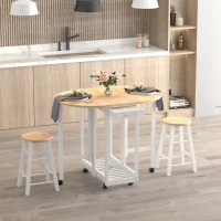 HOMCOM 3 Pieces Dining Room Set, Mobile Foldable Dining Table and 2 Stools with Storage Shelf, 2 Drawers and 6 Wheels, Drop Leaf Bar Table and Stools for Home Kitchen Pub, White(m-4)