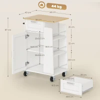 HOMCOM Cărucior de Bucătărie cu Sertar, Dulap, Suport pentru Prosoape și 3 Suporturi pentru Condimente, din Lemn, 62x40x87 cm, Alb(m-3)