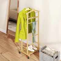 HOMCOM Servomut 4 în 1 pe roți, cu 2 bare, tavă pentru chei și raft pentru pantofi, din bambus, 47x33,7x105,5 cm(m-8)
